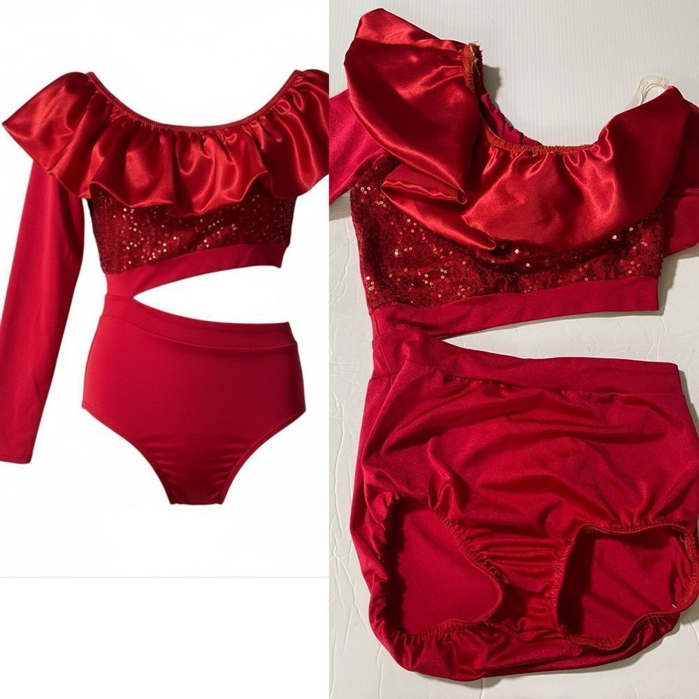 Kelle solo sequin red leotard cutout one sleeve asymmetrical Dance Costume SA